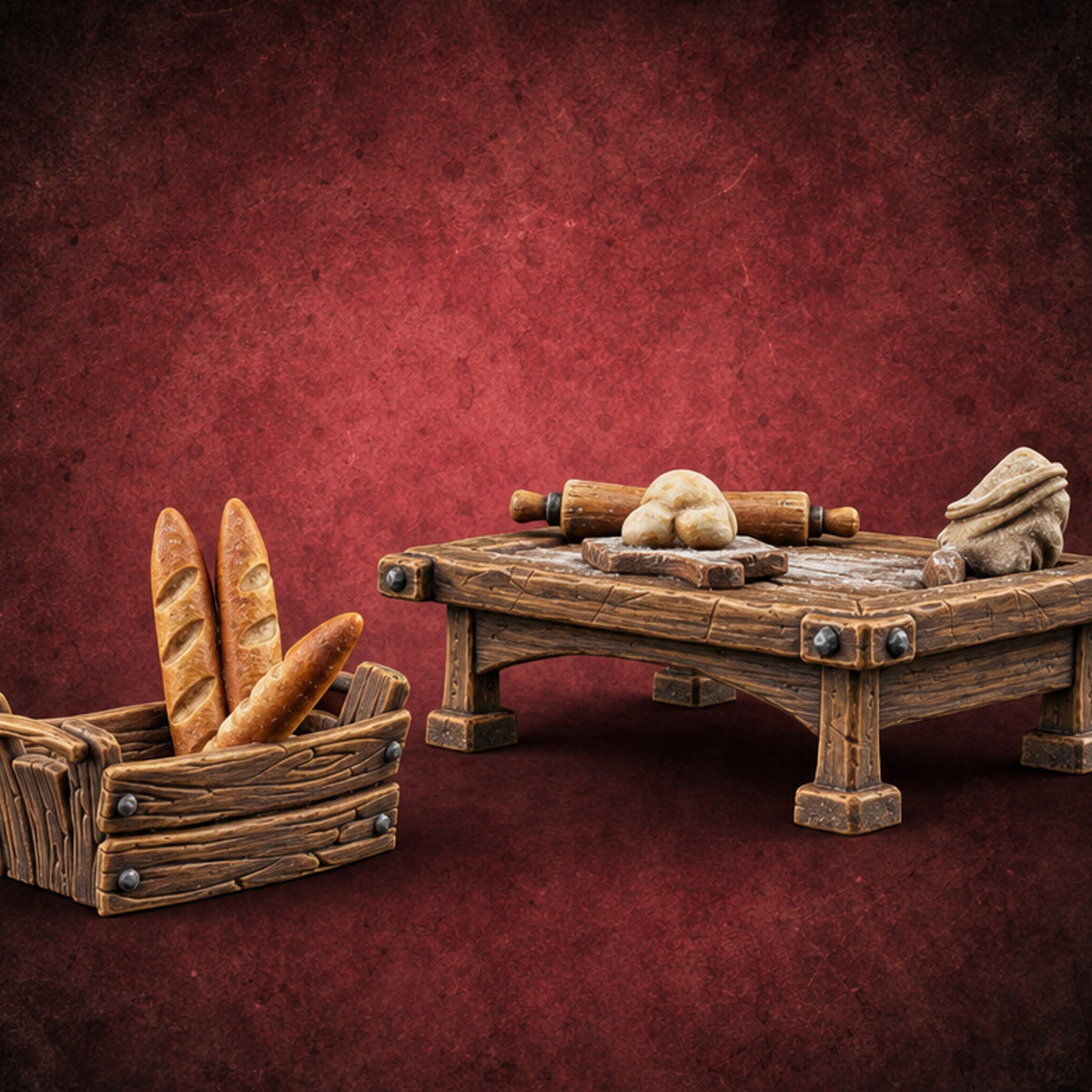 Dough Rests, Rolling Pin Waits Wooden Bakery Work Table — painted concept preview (terrain supplied unpainted)