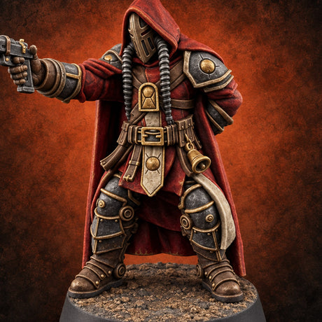Barrel and Benediction Human Hooded Gunner B — painted concept preview (miniature supplied unpainted)