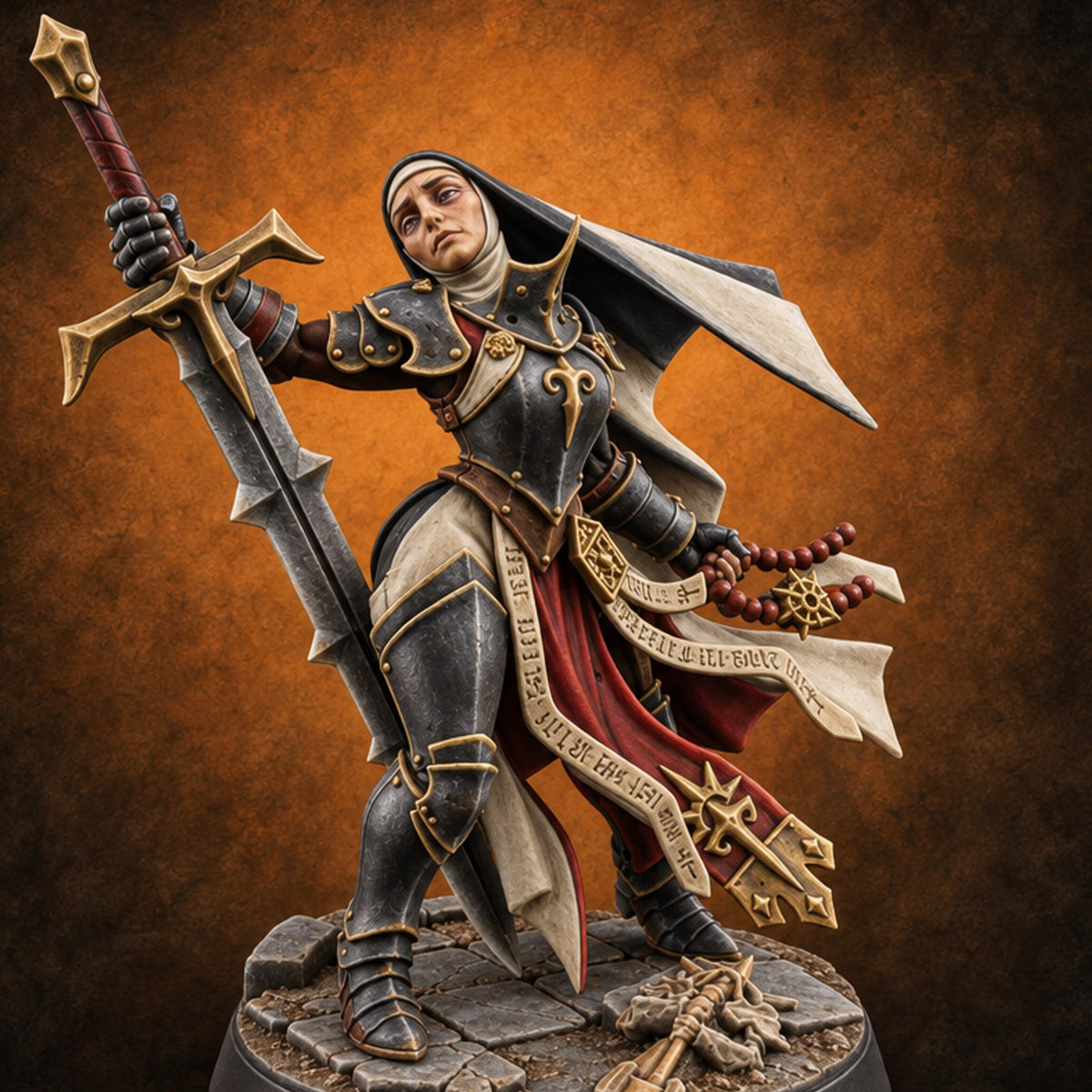 Weary but Unbroken Human Female Armoured Nun with Spiked Greatsword and Rosary — painted concept preview (miniature supplied unpainted)