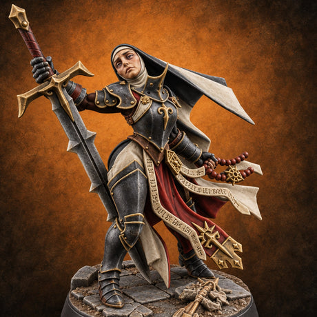 Weary but Unbroken Human Female Armoured Nun with Spiked Greatsword and Rosary — painted concept preview (miniature supplied unpainted)
