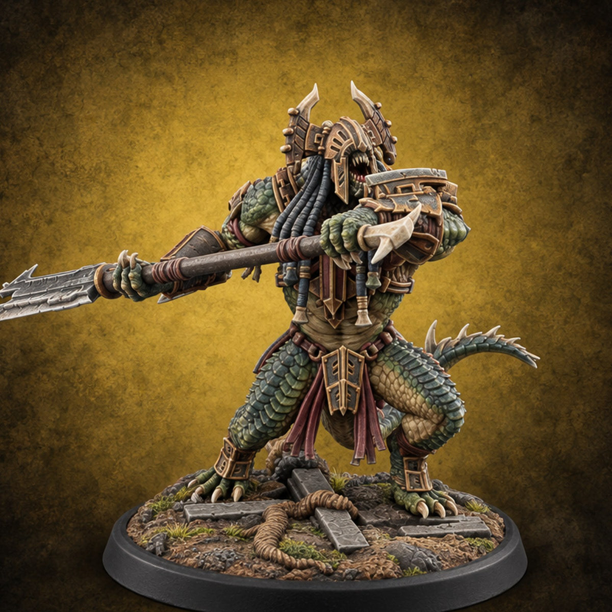 Crowns of Horn, Hearts of Ruin Lizardfolk Polearm Warrior C — painted concept preview (miniature supplied unpainted)