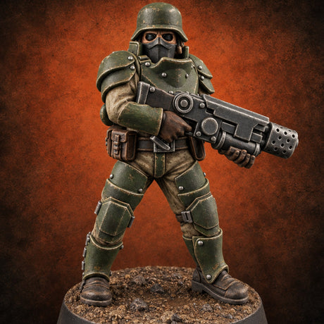 Trust the Moustache Human Armoured Heavy Weapons Soldier B — painted concept preview (miniature supplied unpainted)