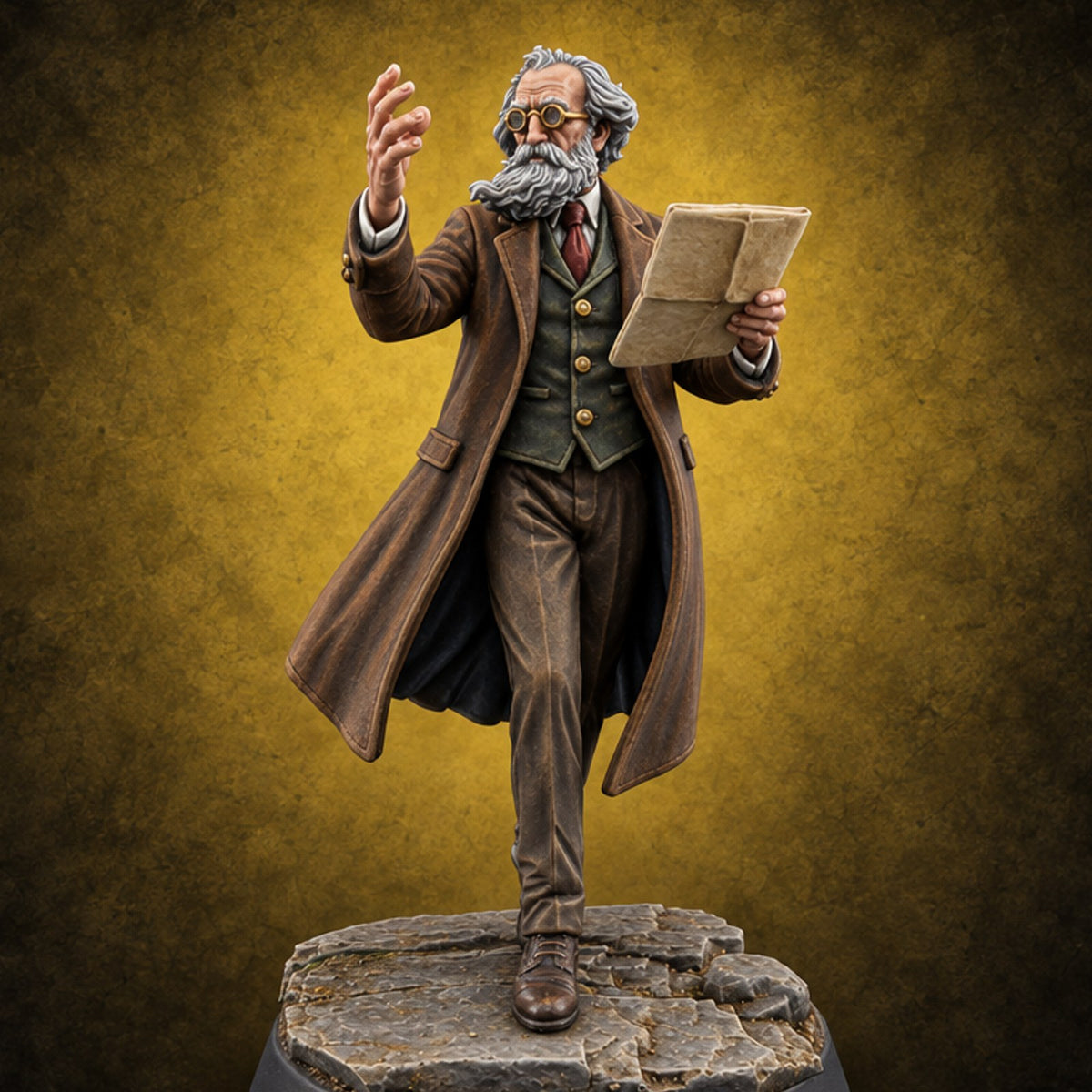 Footnotes Before Fear Human Scholar with Papers and Long Coat — painted concept preview (miniature supplied unpainted)