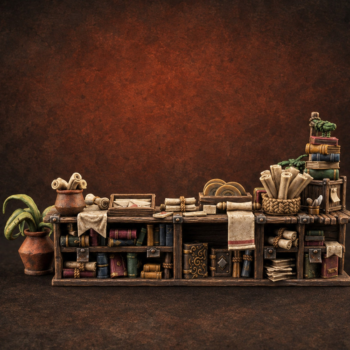 Cozy, Book-Piled Bookshop Furnishing B — painted concept preview (terrain supplied unpainted)