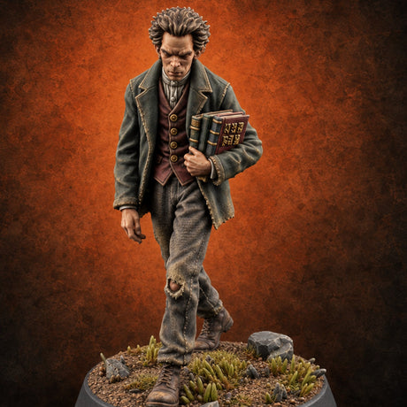 Borrowed Books, Borrowed Time Human Scholar with Stack of Books and Ragged Coat — painted concept preview (miniature supplied unpainted)