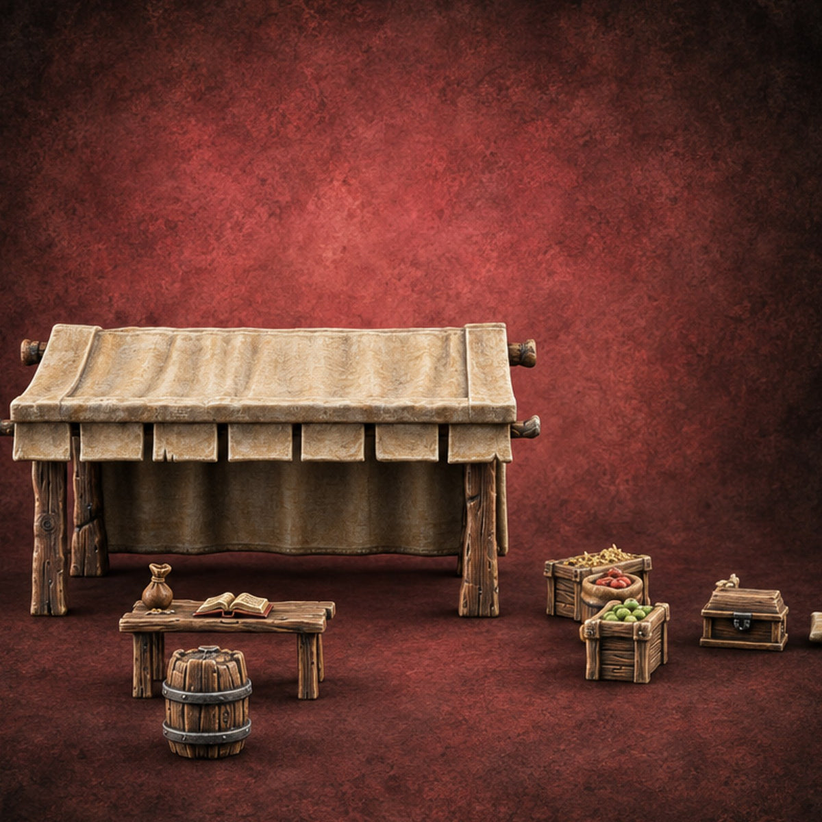 Browse the Curiosities Wooden Market Stall with Supplies — painted concept preview (terrain supplied unpainted)