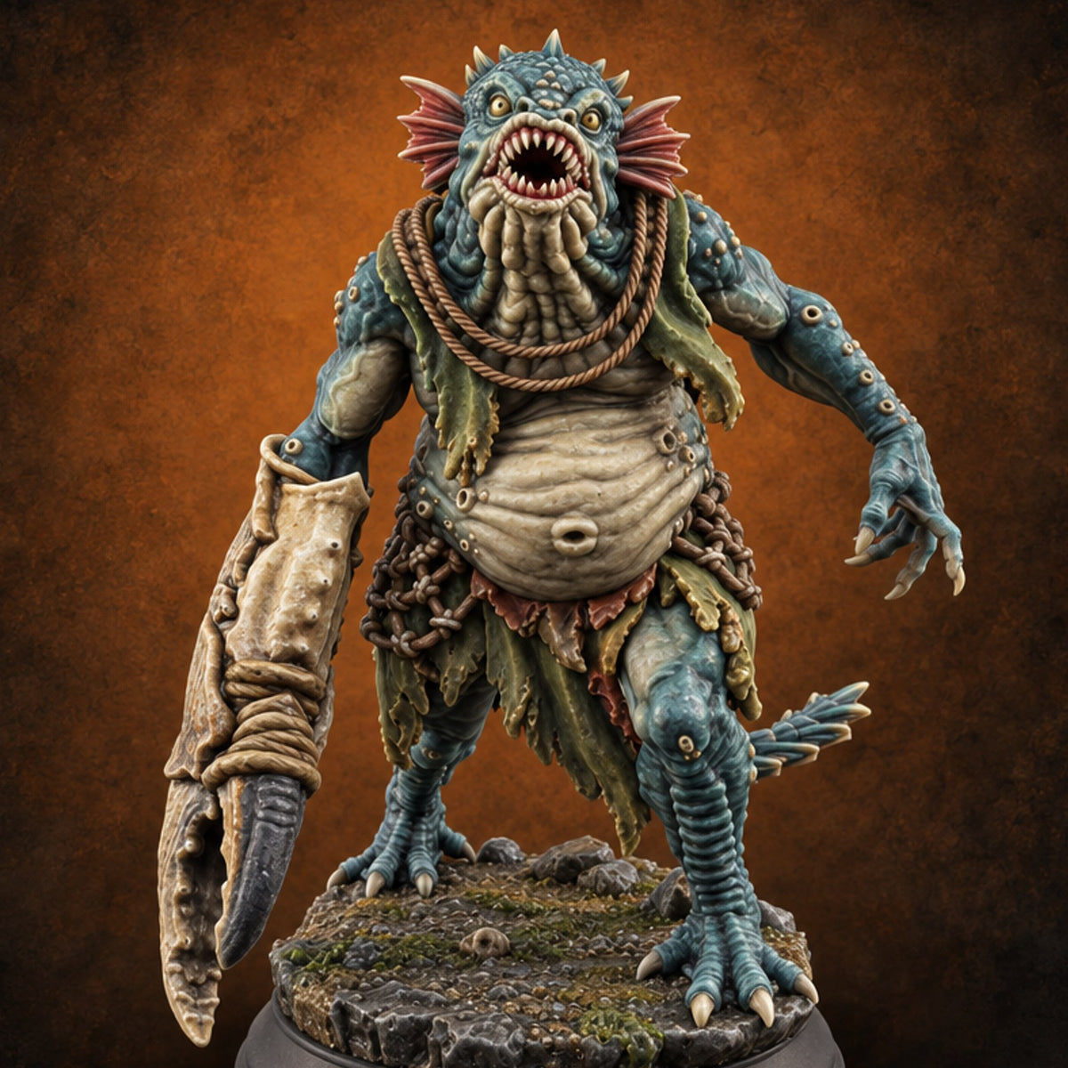 Claw, Spear and Lamp Oil Sahuagin Fish-Man A — painted concept preview (miniature supplied unpainted)
