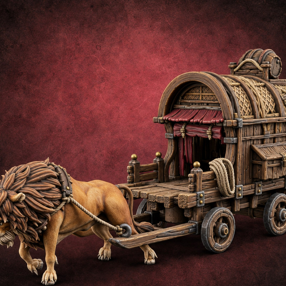 Lion Pulls the Gambling Den Lion-Drawn Wooden Vendor Wagon — painted concept preview (terrain supplied unpainted)