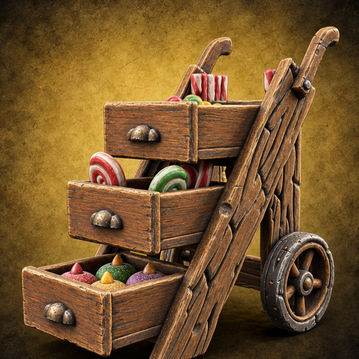 Sweet Tooth Pop-Up Wooden Candy Seller Market Piece A — painted concept preview (terrain supplied unpainted)