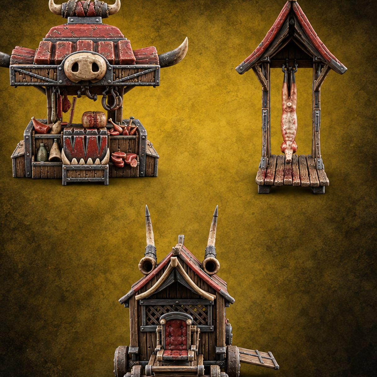 Carcass Hangs, Customers Gather Orc Butcher Market Terrain Set — painted concept preview (terrain supplied unpainted)