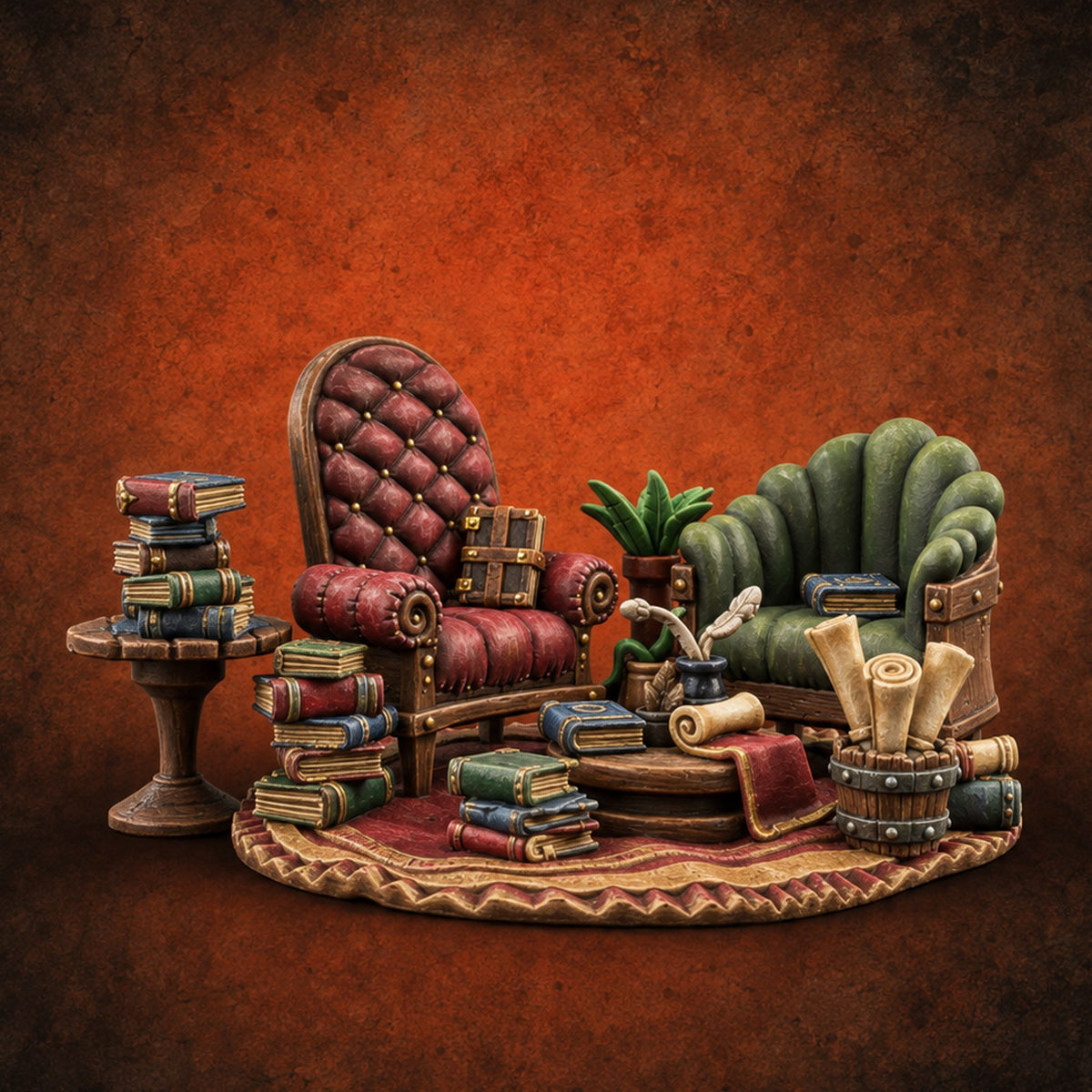 Cozy, Book-Piled Bookshop Furnishing D — painted concept preview (terrain supplied unpainted)