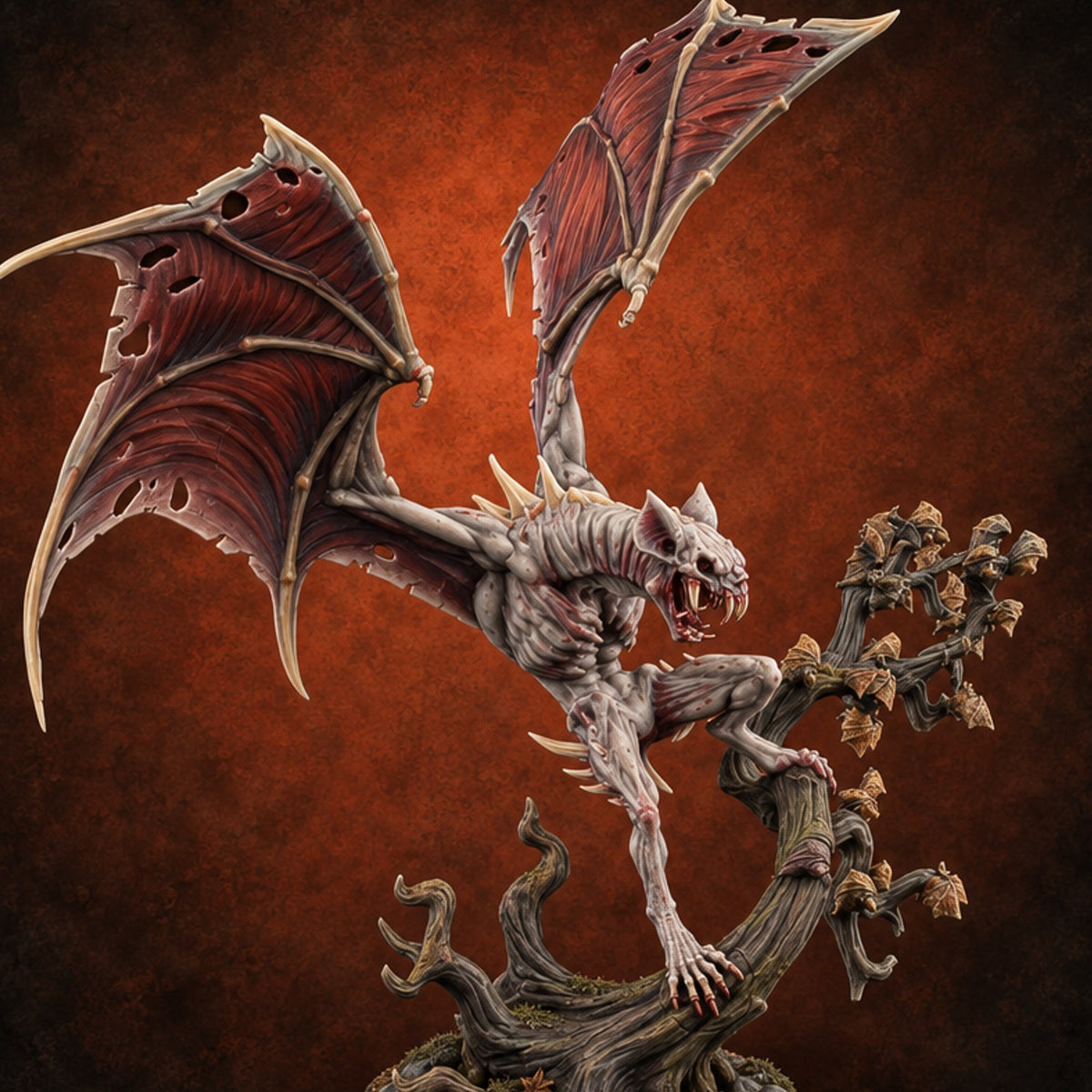 Riderless and Ravenous Vampire Spawn Winged Predator on Gnarled Tree — painted concept preview (miniature supplied unpainted)