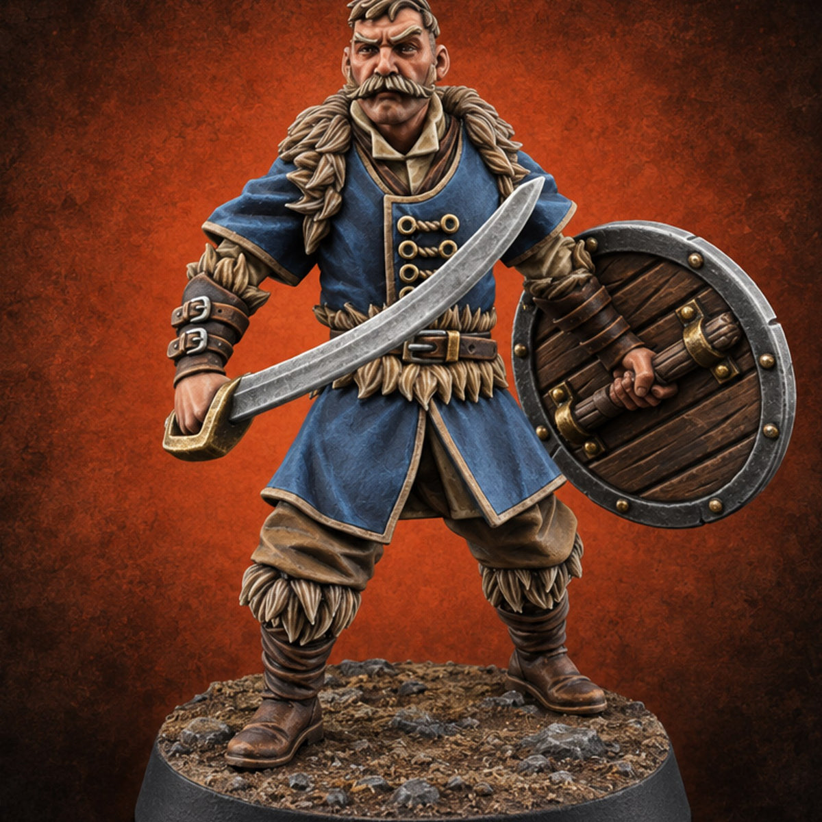 Shields Studded, Moustaches Bristling Human Sabre and Shield Warrior B — painted concept preview (miniature supplied unpainted)