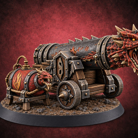 Fed on Dragon Fire Dragon-Head Cannon with Fuel Keg — painted concept preview (terrain supplied unpainted)