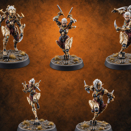 Light Feet, Heavy Edges Elf Blade Dancers — painted concept preview (miniature supplied unpainted)