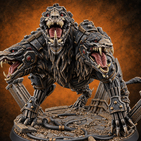 Three Throats, One Leash Missing Cybernetic Cerberus — painted concept preview (miniature supplied unpainted)
