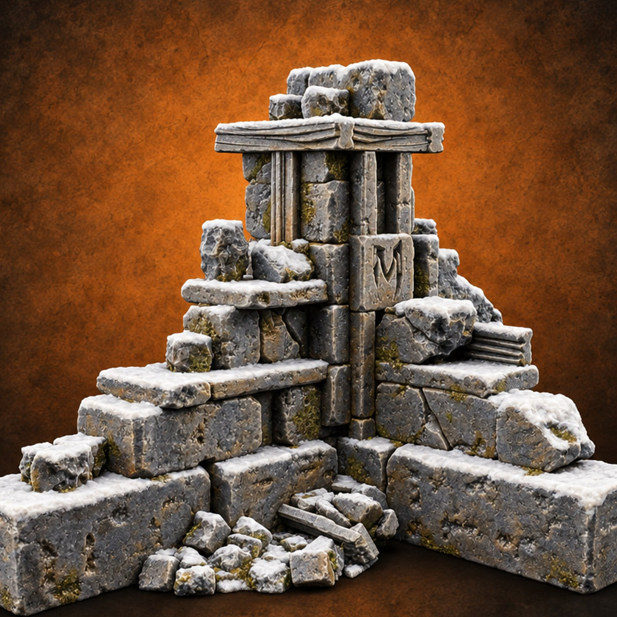 Snow Capped Ruined Stone Wall A — painted concept preview (terrain supplied unpainted)