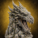 Rockslide Roar Stone Dragon Head Statue — painted concept preview (terrain supplied unpainted)