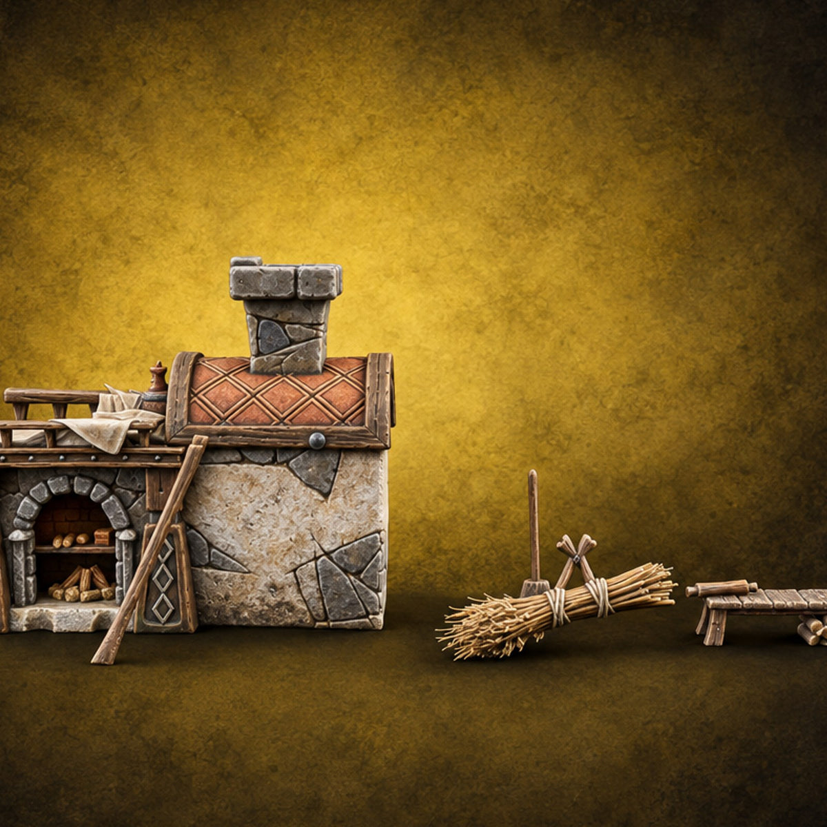 Rise and Shine Masonry Stone Bakery Oven House — painted concept preview (terrain supplied unpainted)