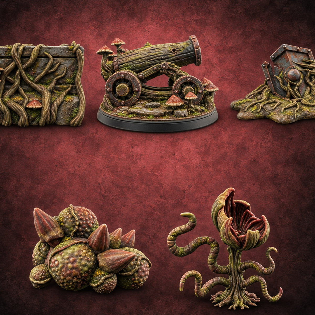 Rot Moved In, Rank and File Fungal Battlefield Terrain Props — painted concept preview (terrain supplied unpainted)