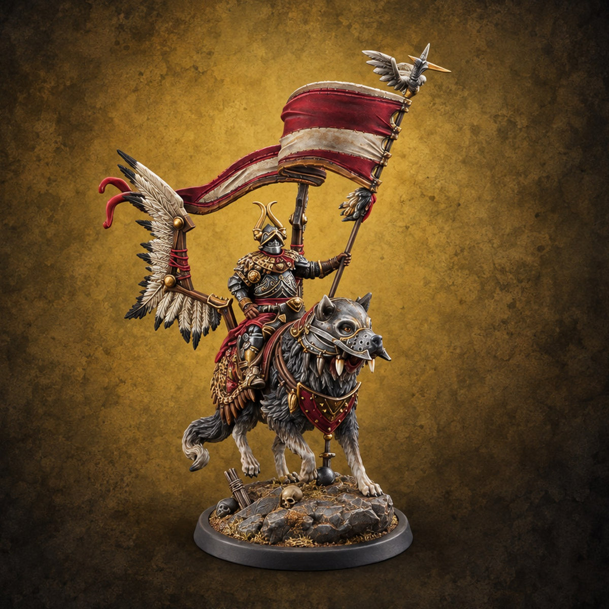 Steel, Feather and Fang Human Winged Hussar on Dire Wolf A — painted concept preview (miniature supplied unpainted)