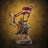 Steel, Feather and Fang Human Winged Hussar on Dire Wolf A — painted concept preview (miniature supplied unpainted)