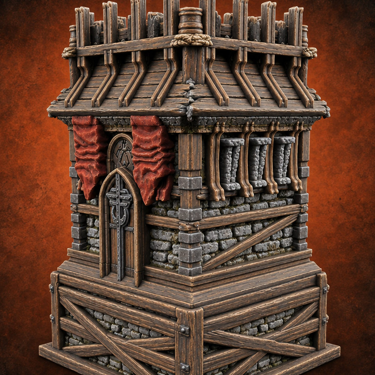 Palisade Teeth Over Plank Roof Gothic Timber Watch Tower — painted concept preview (terrain supplied unpainted)