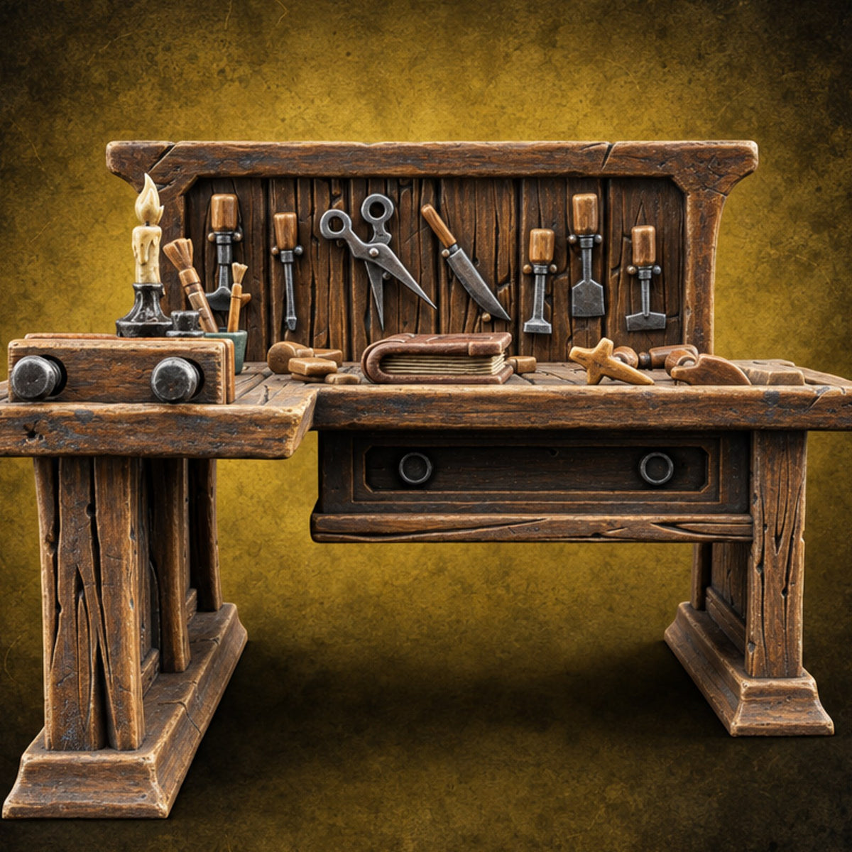 Spine Out, Shears Up Wooden Bookbinder Workbench — painted concept preview (terrain supplied unpainted)