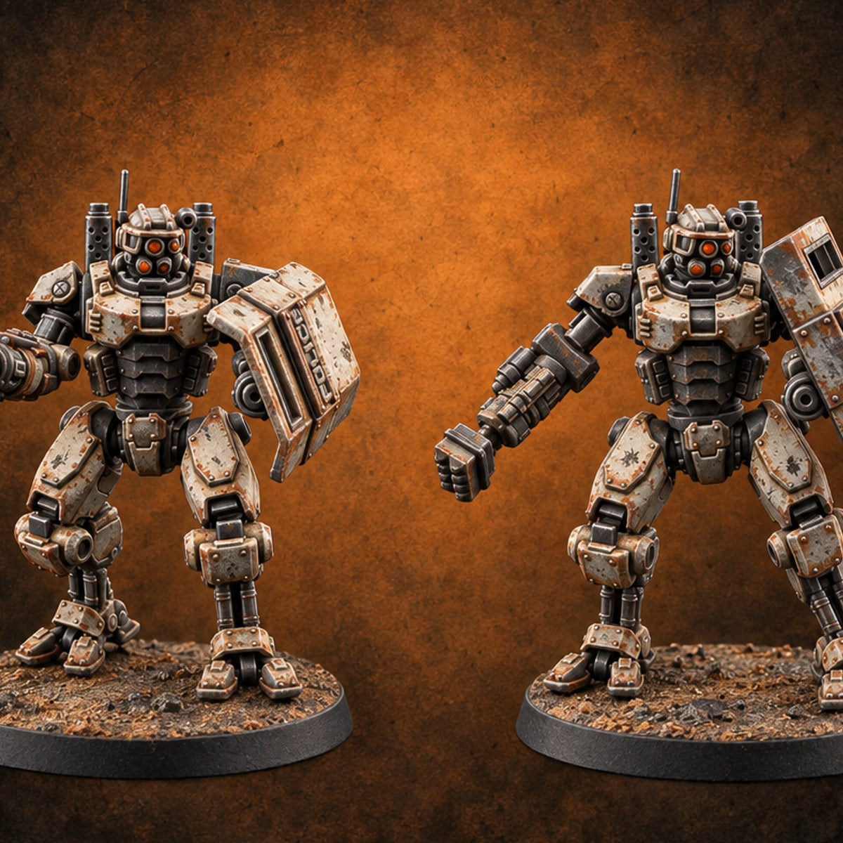 Riot Control, Rusted Edition Warforged Riot Police Robots with Shields — painted concept preview (miniature supplied unpainted)
