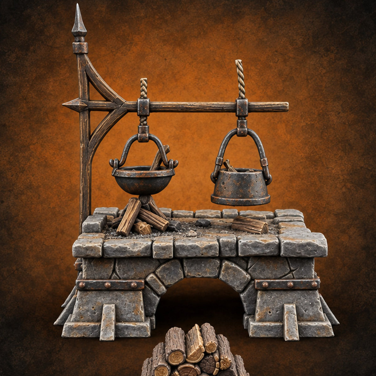 Two Pots, No Patience Stone Cooking Hearth — painted concept preview (terrain supplied unpainted)