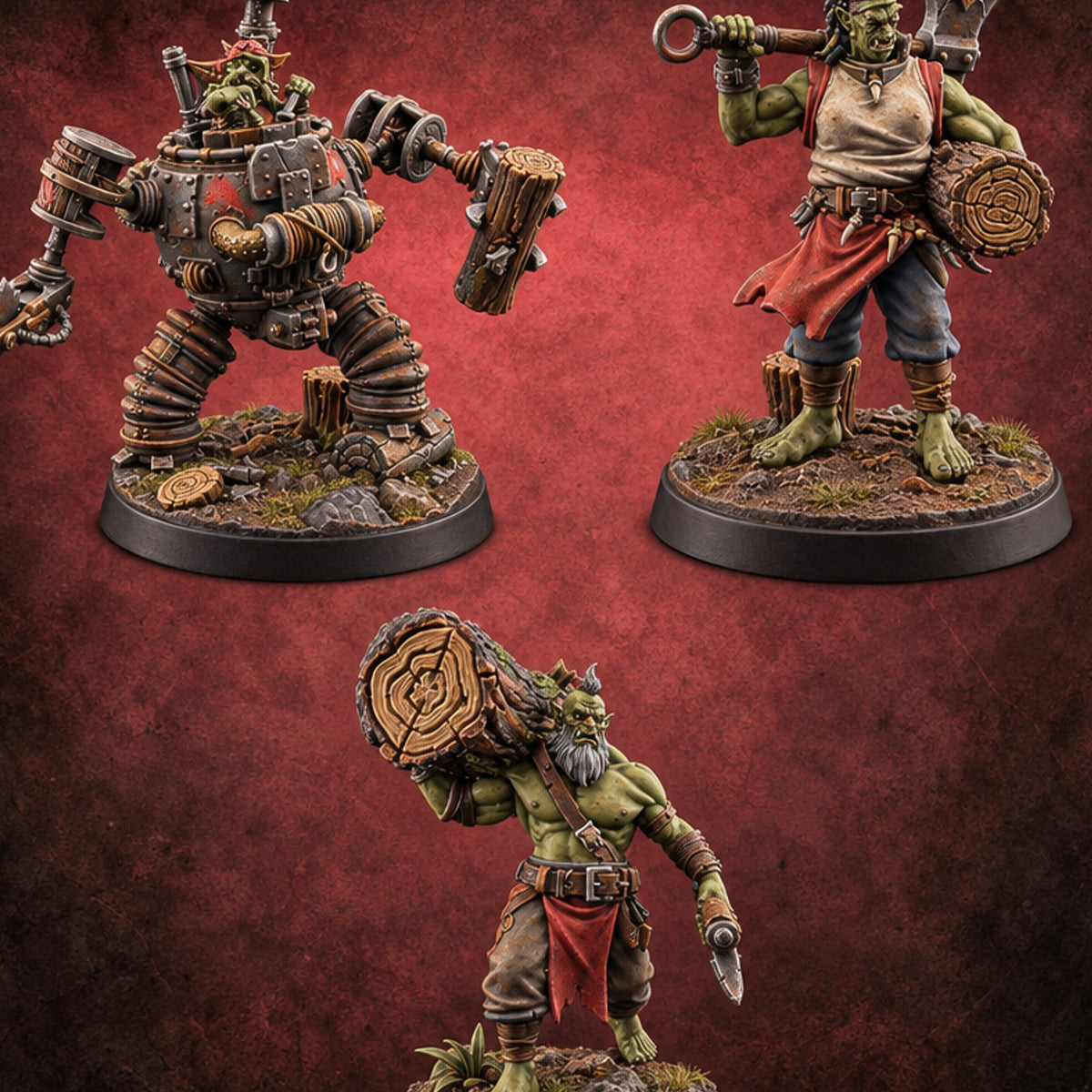 Rings Counted, Trunk Hauled Orc and Goblin Lumberjacks — painted concept preview (miniature supplied unpainted)