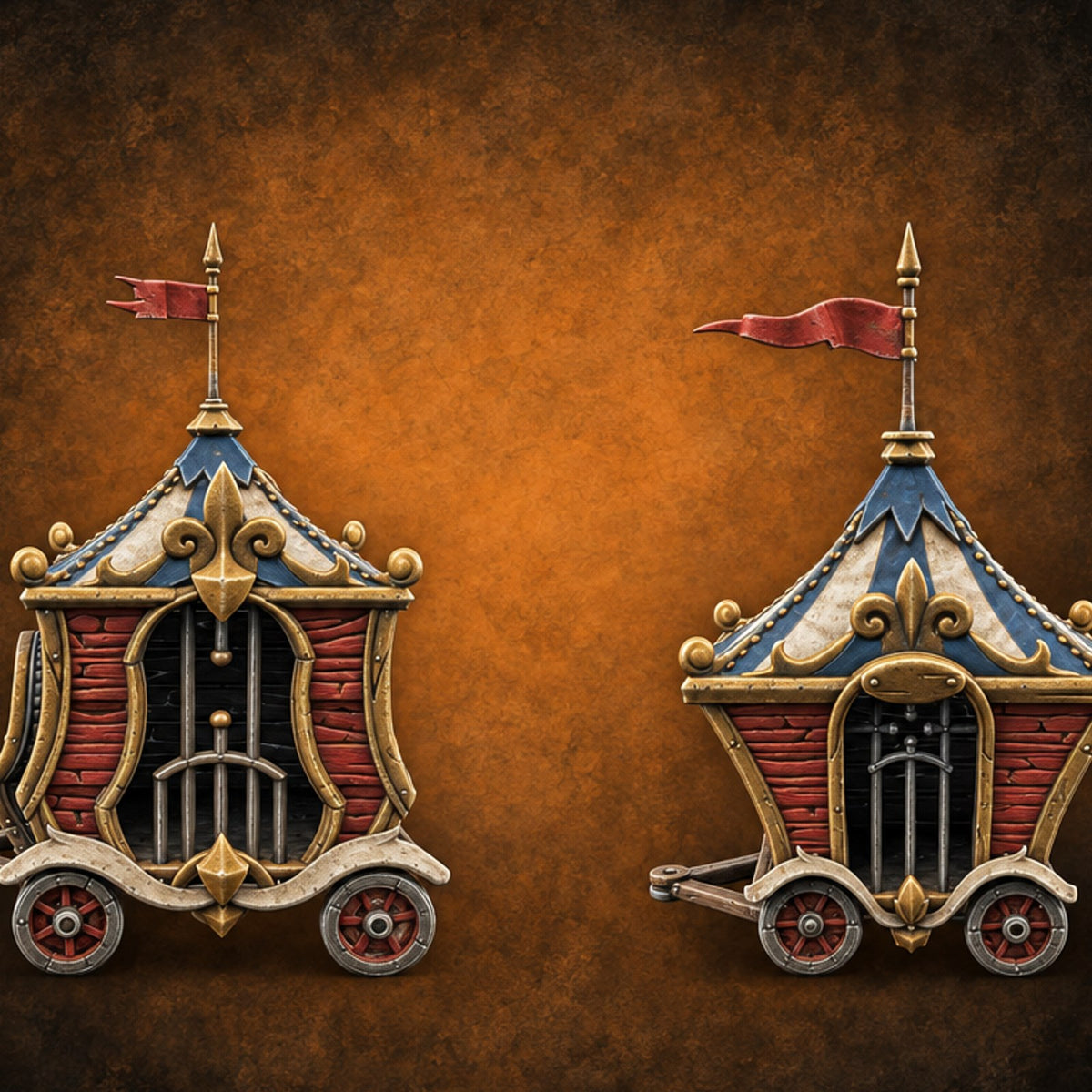 Ringmaster's Unwilling Guests Carnival Cage Wagons — painted concept preview (terrain supplied unpainted)