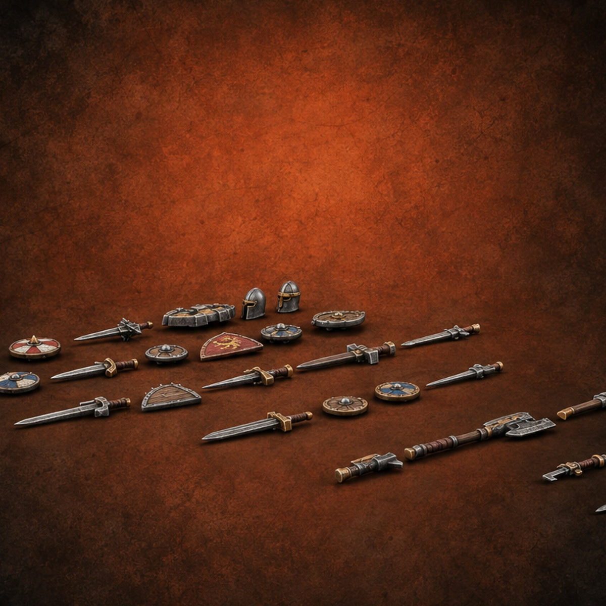 Stock Sorted, Edges Out Medieval Weapons and Shields Set — painted concept preview (terrain supplied unpainted)