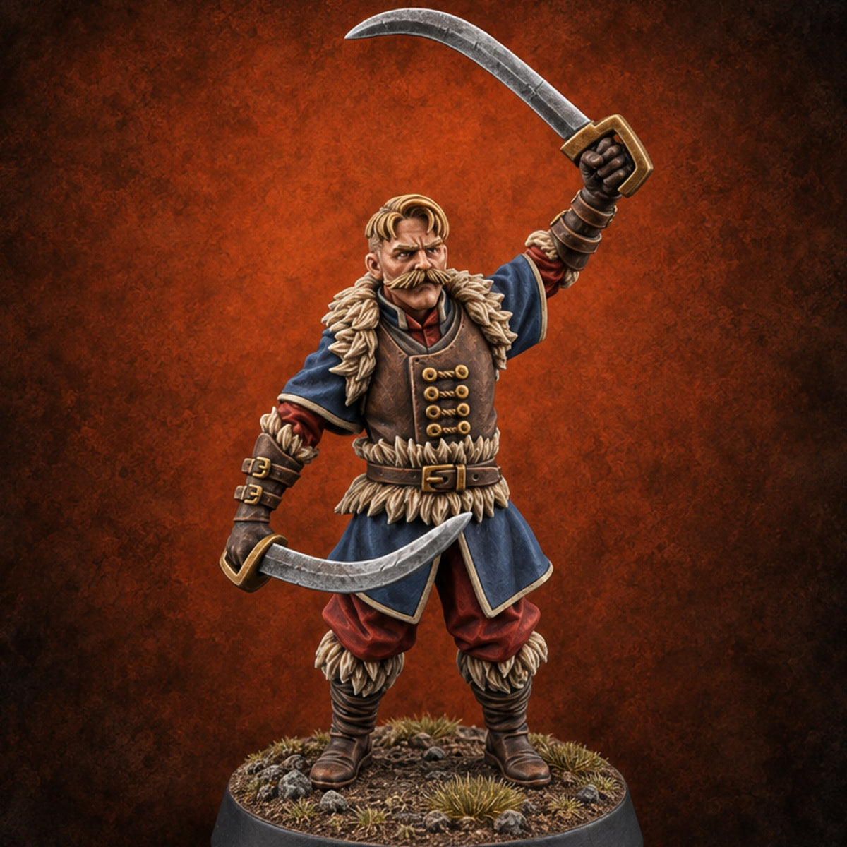 Moustache Waxed, Sabres Drawn Twice Human Dual Sabre Warrior A — painted concept preview (miniature supplied unpainted)