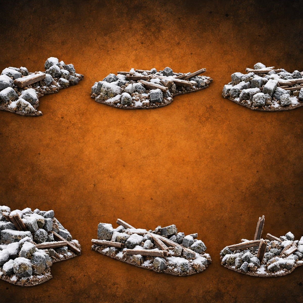 Snow Topped Stone and Timber Rubble Piles — painted concept preview (terrain supplied unpainted)