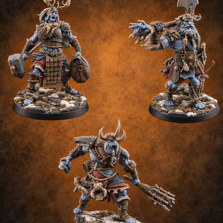 Hammer, Axe and Splintered Club Frost Giant Warriors — painted concept preview (miniature supplied unpainted)