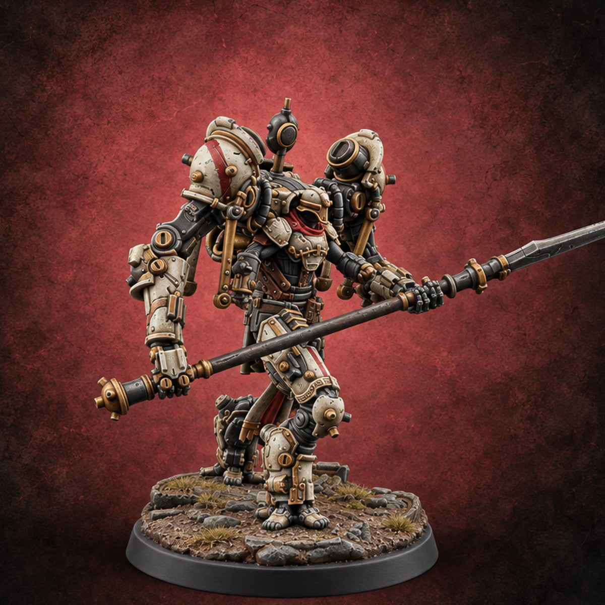 Pistons Hiss, Spears Rise Human Mech Suit Spear Warrior C — painted concept preview (miniature supplied unpainted)