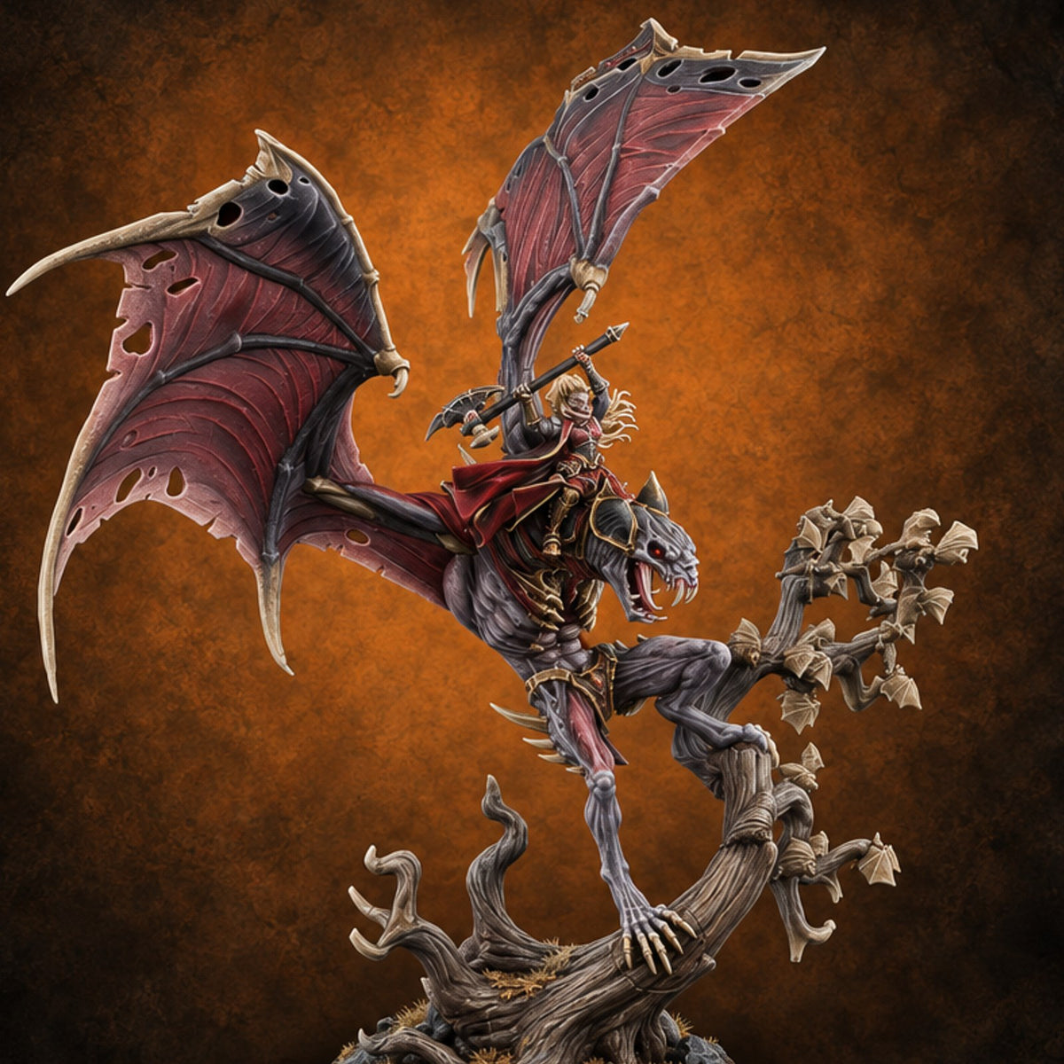 Ragged Wings, Regal Seat Vampire Female Lord on Winged Bat Mount with Axe — painted concept preview (miniature supplied unpainted)
