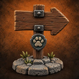 Whiskers Went This Way Paw-Crested Wooden Arrow Signpost — painted concept preview (terrain supplied unpainted)