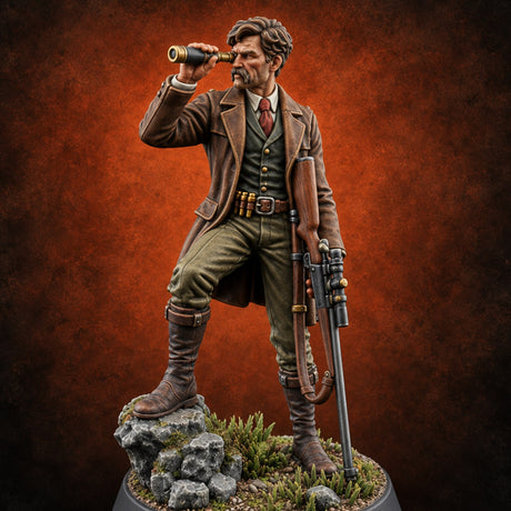 Spotted Before He Fires Human Scout with Spyglass and Scoped Rifle — painted concept preview (miniature supplied unpainted)