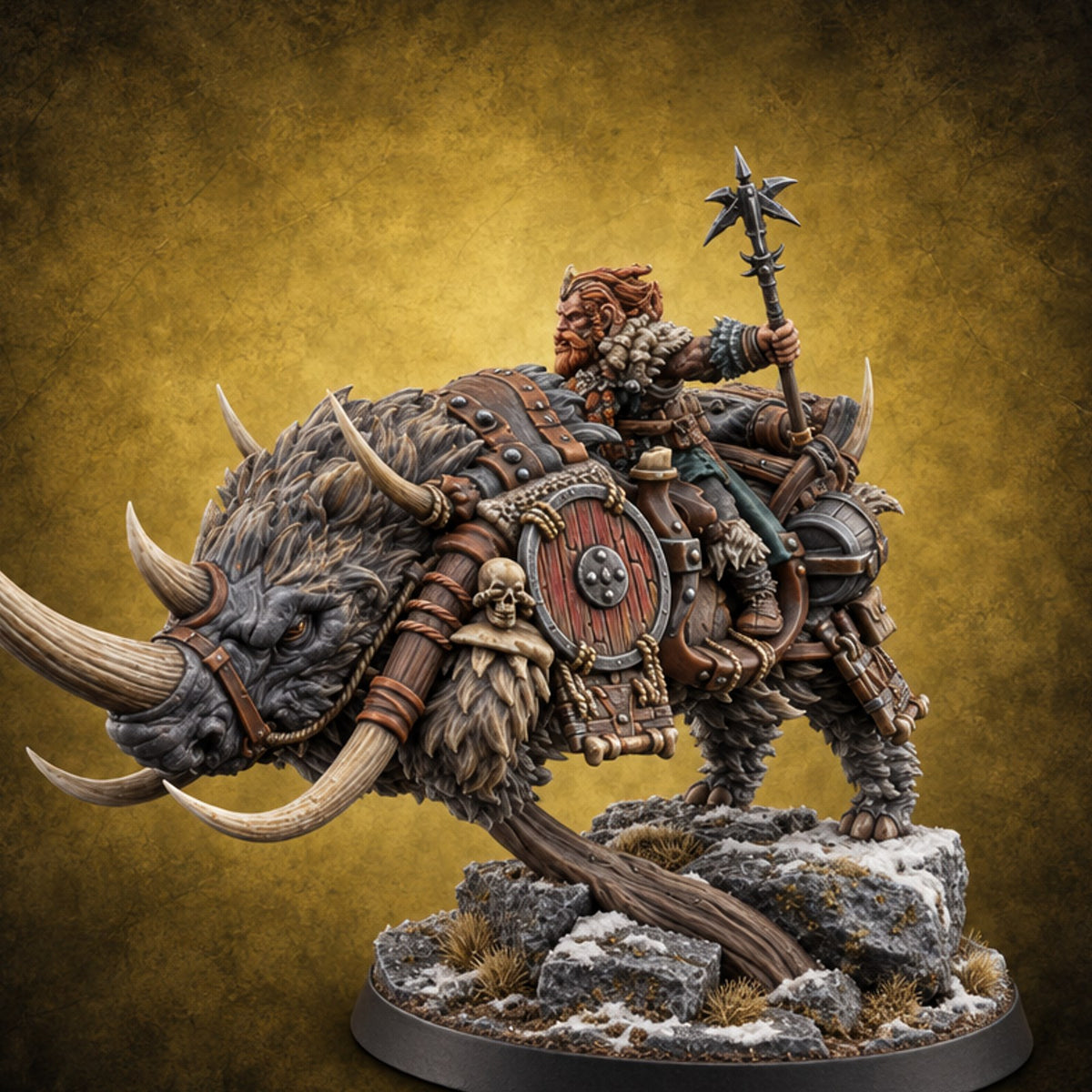 Tusks Out, Shield Slung Woolly Rhinoceros Mount — painted concept preview (miniature supplied unpainted)