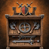 Sharpened Sales Pitch Wooden Weapons Display Rack — painted concept preview (terrain supplied unpainted)