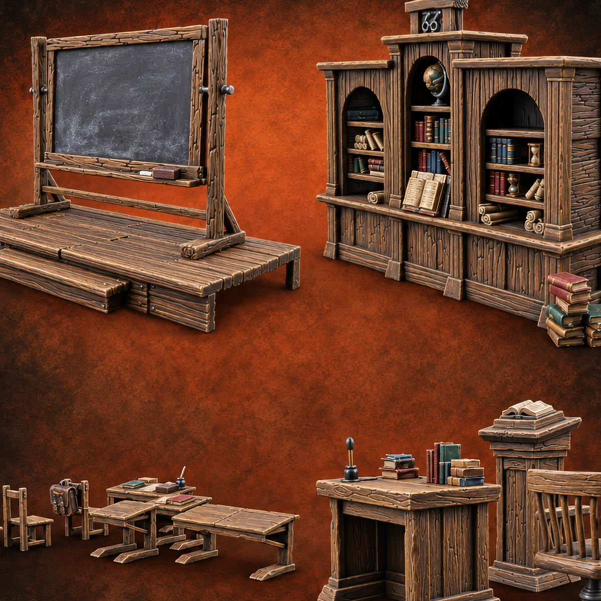 Class Dismissed, Chalk Still Dusty Wooden Classroom Furniture Set — painted concept preview (terrain supplied unpainted)