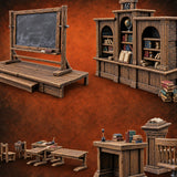 Class Dismissed, Chalk Still Dusty Wooden Classroom Furniture Set — painted concept preview (terrain supplied unpainted)