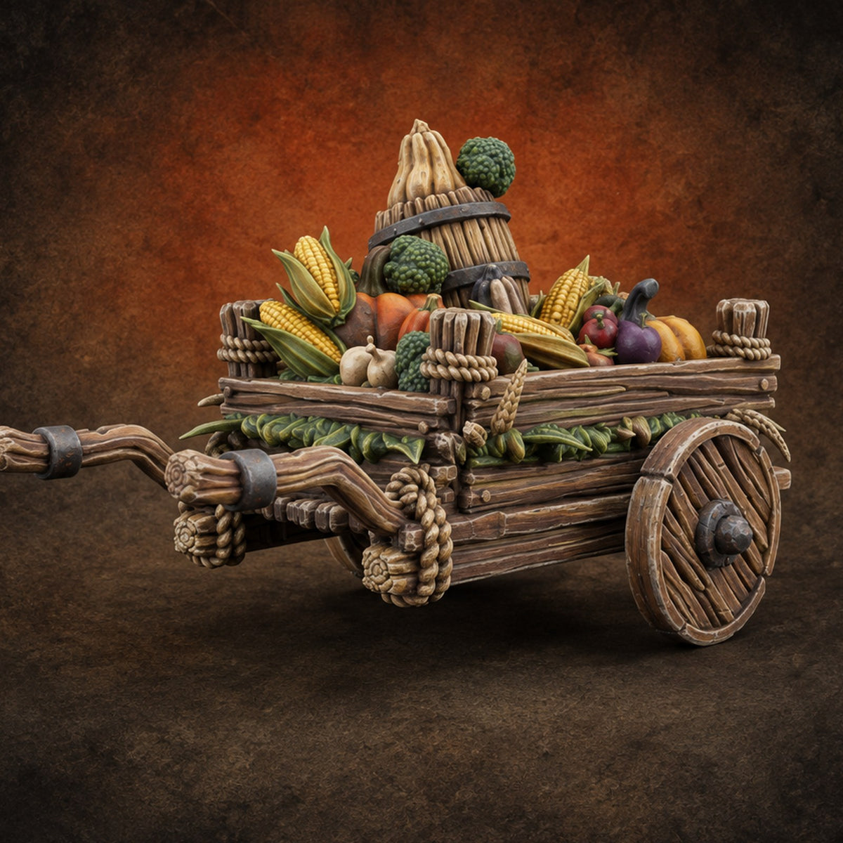 Rope-Lashed Farm Cart B — painted concept preview (terrain supplied unpainted)