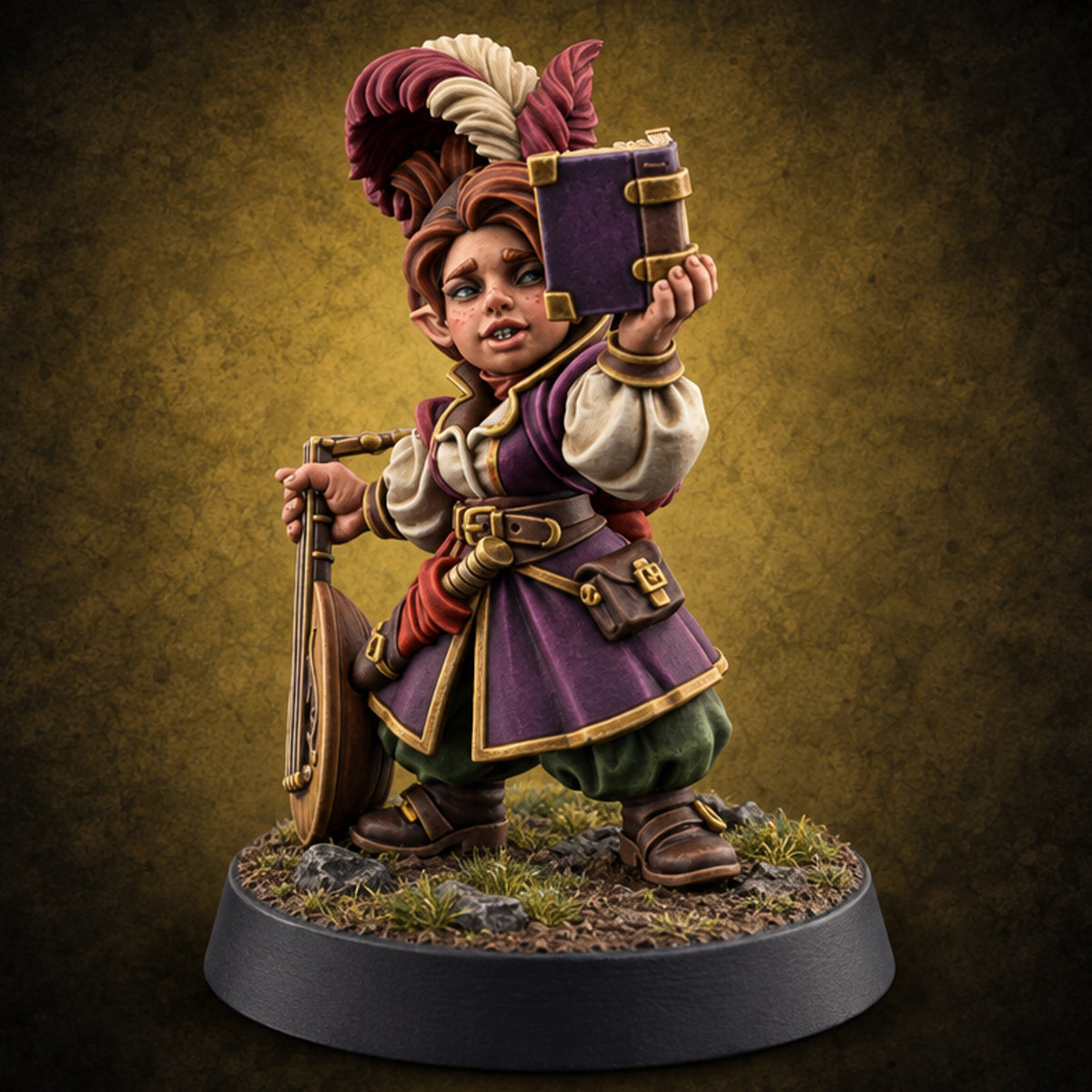 Reading Her Own Reviews Halfling Female Bard with Lute and Book — painted concept preview (miniature supplied unpainted)