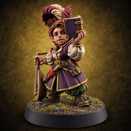 Reading Her Own Reviews Halfling Female Bard with Lute and Book — painted concept preview (miniature supplied unpainted)