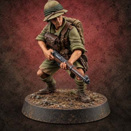 On Jungle Patrol Human Rifleman J — painted concept preview (miniature supplied unpainted)