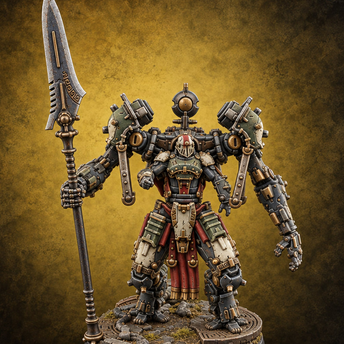 Pistons Hiss, Spears Rise Human Mech Suit Spear Warrior A — painted concept preview (miniature supplied unpainted)