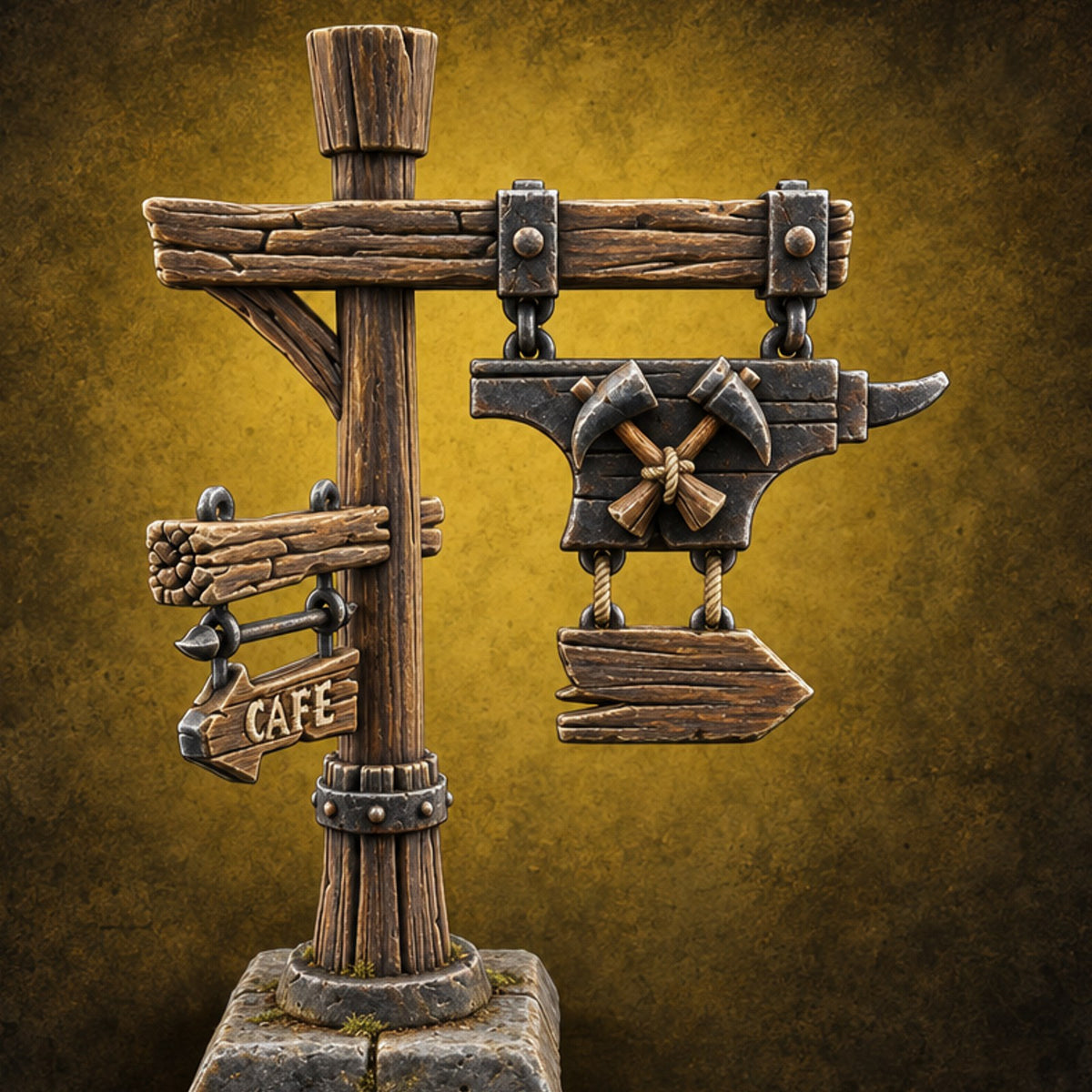 Anvil Sign Swings, Cafe Points Left Wooden Signpost with Hanging Signs — painted concept preview (terrain supplied unpainted)